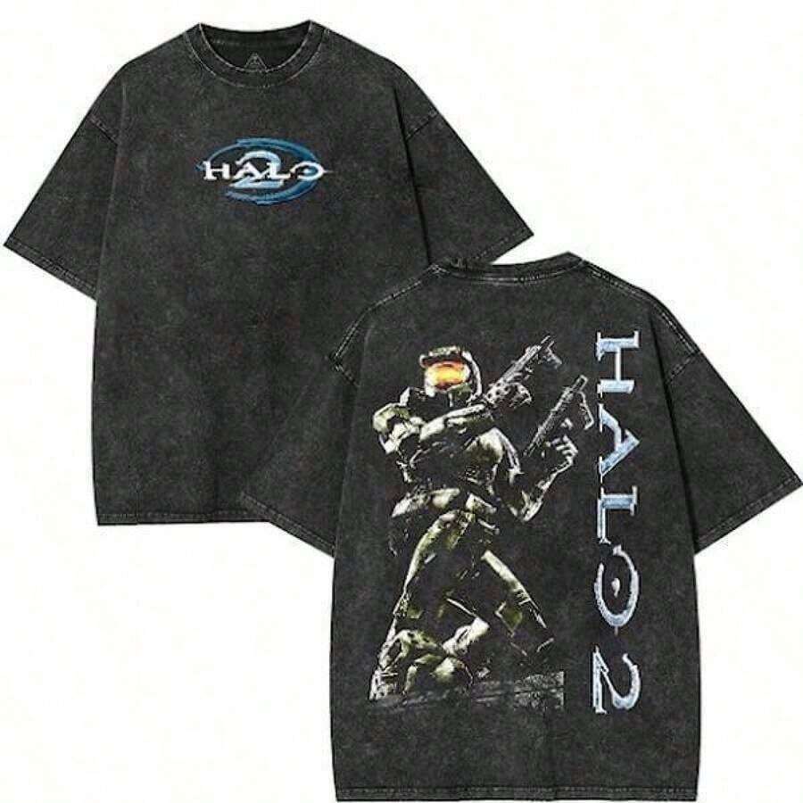 Camiseta HALO 2 Vintage de Algodón Grueso Lavado - Cuello Redondo de Algodón Cómodo, 100% Algodón Premium - Ropa Masculina, Atuendos de Verano para Hombres y Mujeres OOK4 - Negro - Ver 1