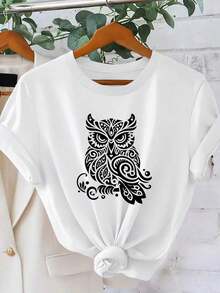 Camiseta Gótica de Manga Corta para Mujer con Estampado de Búho - Top Casual de Cuello Redondo I para Verano y Uso Todo el Año () - Blusa Lavable aáquina - Blanco - Ver 9
