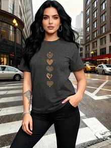 T-Shirt With An Artistic Heart Print Featuring Multiple Designs. Modern And Breathable, Suitable For Family Trips, College Activities, Casual Sports, Daily Commutes, Matching Sister Outfits-A Versatile Tee. E89T - 深灰色 - 查看 6