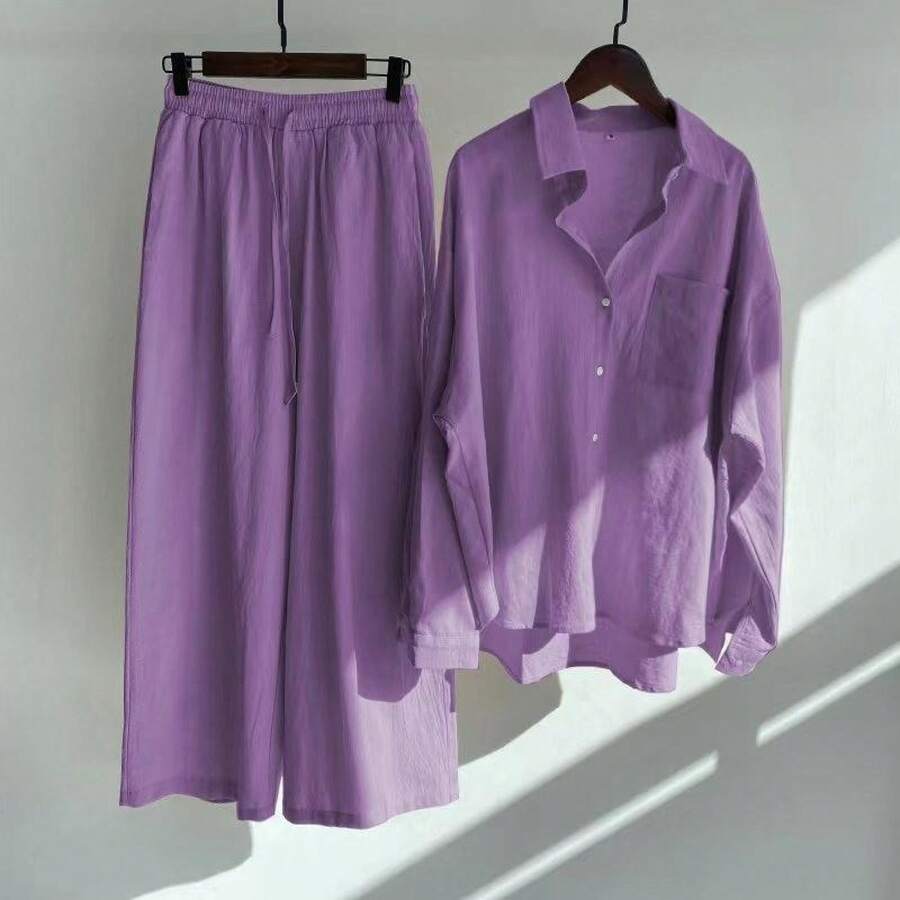 Women's Button-Down Shirt And Wide Leg Pants Two-Piece Loungewear Set, Oversized Top With Chest Pocket, Elastic Waist Pants, Relaxed Fit Silhouette, Casual Minimalist Style, Perfect For Loungewear, Errands, Brunch And Relaxed Outings - Màu tím - Xem 1