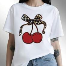 Camiseta de Mujer Huggy Wuggy con Estampado de Cerezas y Lazos, Cuello Redondo Casual, Estilo Vintage, para Verano, Ropa Urbana de Algodón - Blanco - Ver 2