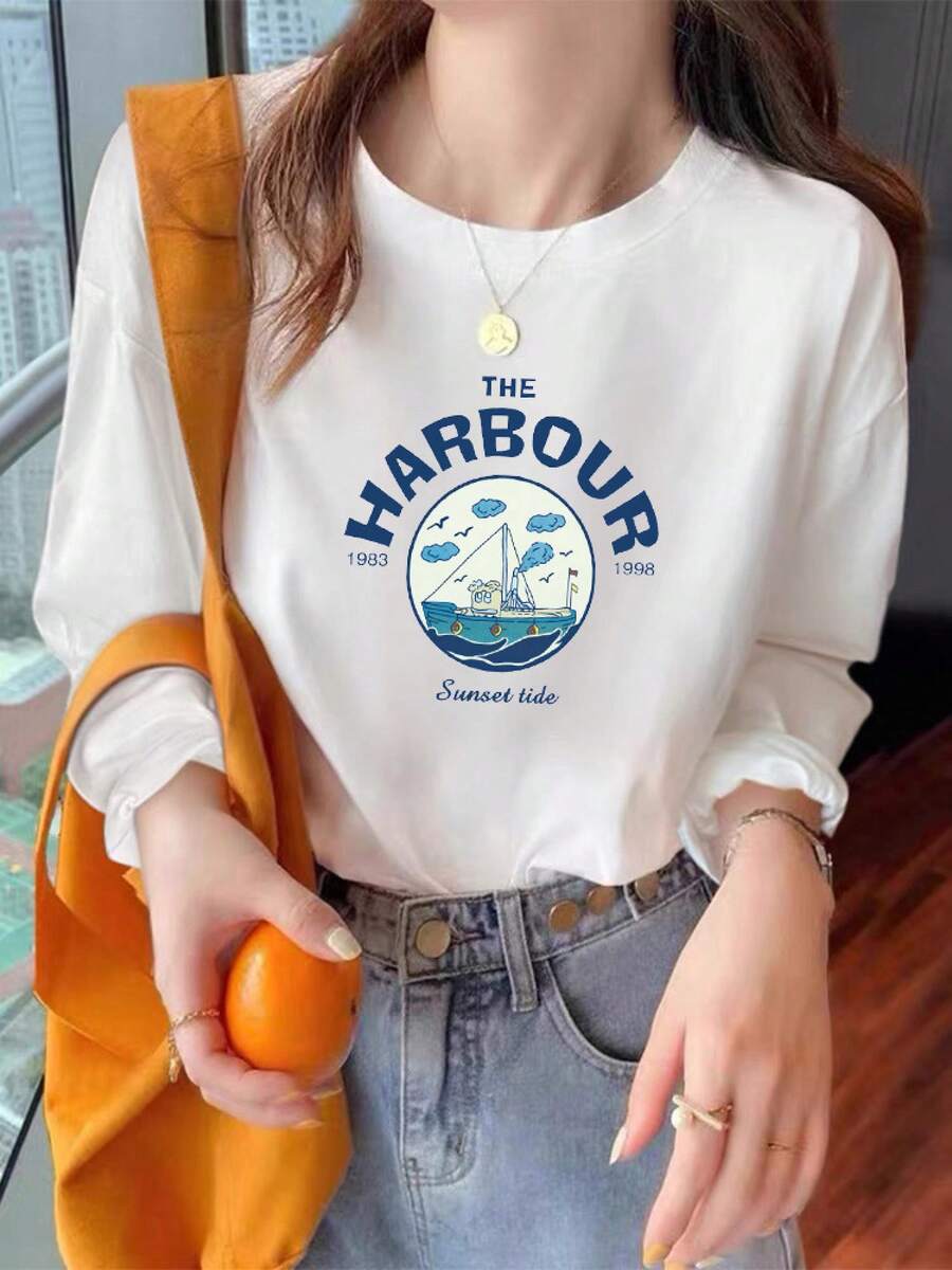 Camiseta con estampado de camisa casual para mujer, manga corta y cuello redondo, moda urbana local de primavera/verano camiseta unisex. 2K9J - Velero de manga larga - Ver 1