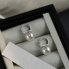 1 paire de boucles d'oreilles créoles pour femmes en argent sterling 925, 4g, avec perle de culture, style élégant à pendentif - Blanc - Voir 3