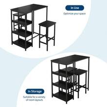 3-teiliges Esszimmer Set – Industrieller Bartisch mit 2 Hockern & Ablagefächern, platzsparend, Metall & Holz, ideal für kleine Küchen, Apartments oder Esszimmer, rustikales Braun - Schwarz - Übersicht 4