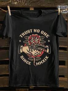 Camiseta Gráfica Retro Punk Rock para Hombre - Eslogan Trust No One con Dise?o de Rosa Roja y Hacha, 100% Suave, Estilo Casual y Atrevido, Negra, Manga Corta, Cuello Redondo, Ropa para Todas las Estac - Negro - Ver 1