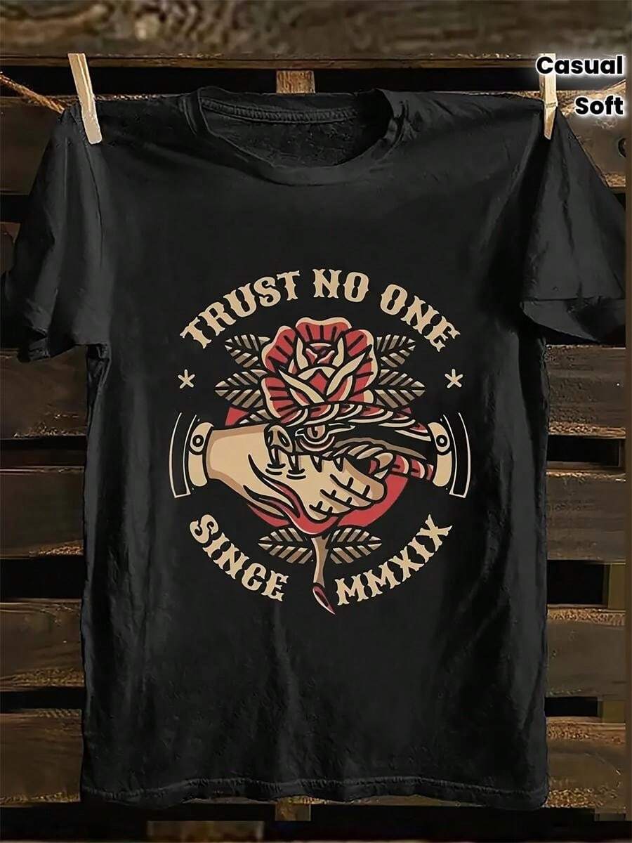 Camiseta Gráfica Retro Punk Rock para Hombre - Eslogan Trust No One con Dise?o de Rosa Roja y Hacha, 100% Suave, Estilo Casual y Atrevido, Negra, Manga Corta, Cuello Redondo, Ropa para Todas las Estac - Negro - Ver 1