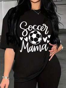 1 Piece Of Fashionable Women's Sports T-Shirt, With Creative English Football Cartoon Print, Round Neck, Short Sleeve, Comfortable, 180g, 100% Cotton. - 黑色 - 查看 10
