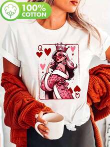 100% cotton Camiseta de mujer con diseño de reina en forma de corazón - 100% algodón, manga corta, cuello redondo, top casual, diseño de póker de corazones y espadas, perfecta para primavera y verano, camiseta en forma de corazón, nueva colección, entrega desde el almacén local de suministros para mujeres, ropa de Navidad para mujer, regalo para mujer, hermosa camiseta con diseño de patrón, de descuento de camisetas - Blanco - Ver 1