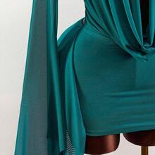 Romantic Vacation Earthy Tone Low-Cut Draped Collar, Flared Sleeves, Bodycon Mini Dress Bell Sleeves - Agua verde azul - Ver 7