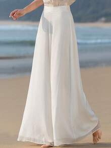 White Elastic Waist Wide Leg Pants, Summer Pants, Wide Leg Pants Elastic High Waist Flowy Palazzo Pants Lightweight Casual Summer Pants Light Cool Feel Elegant Summer Vacation Sun Casual Boho White Airport Beach Pants Spring Holiday. - 白色 - 查看 6
