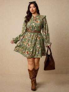 Vestido casual de manga larga con cuello de lazo, volantes y estampado floral para mujer de talla grande, apto para primavera/invierno - Verde - Ver 5