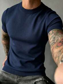 GRDR Men's Striped Crew Neck Lightweight Knit Short Sleeve - Fashionable Versatile Casual Minimalist T-Shirt - Navy Blue - View 3