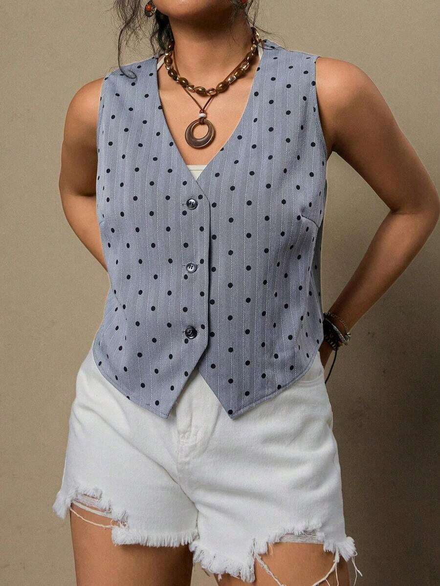 Blusa casual de mujer talla grande de cuello en V de una sola hilera con rayas y sin mangas - Gris - Ver 1