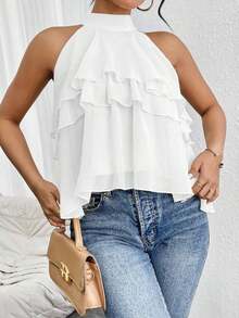 Blusa de gasa con volantes asimétricos y cuello suelto - Blanco - Ver 3