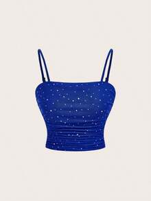 Top elegante azul ajustado con recogido delantero, top de otoño, sexy, para fiesta, cita, club, top con lentejuelas, top tipo camiseta de cumpleaños - azul real - Ver 1