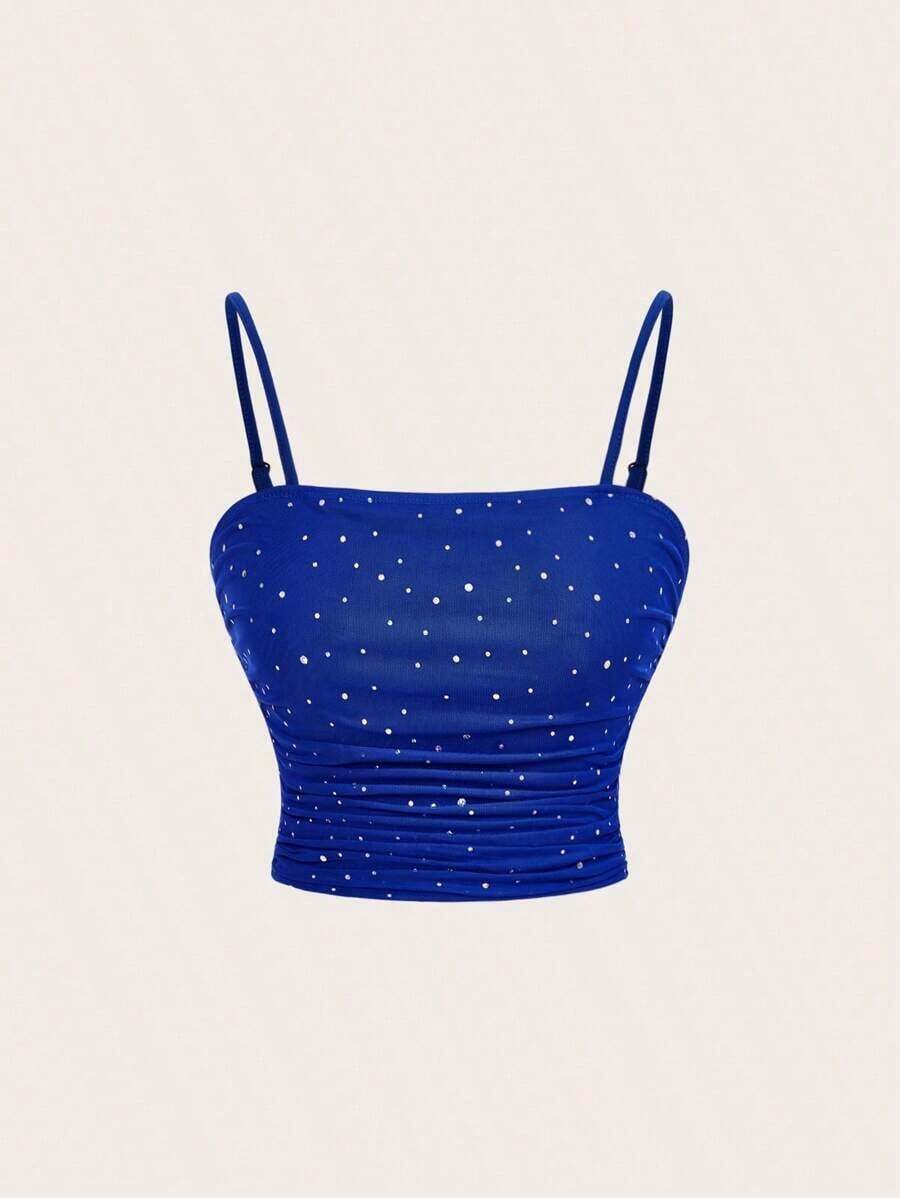 Top elegante azul ajustado con recogido delantero, top de otoño, sexy, para fiesta, cita, club, top con lentejuelas, top tipo camiseta de cumpleaños - azul real - Ver 1