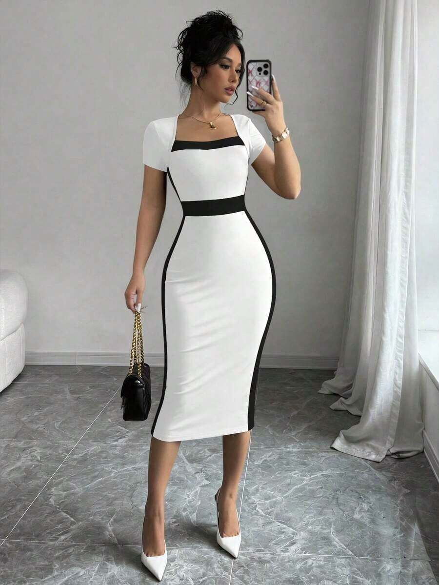 Vestido ajustado de cuello cuadrado con bloques de color para mujer - Blanco - Ver 1