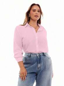 Camisa de manga larga con cuello vuelto y botones para mujer de talla grande, elegante camisa blanca de otoño - Rosa - Ver 5