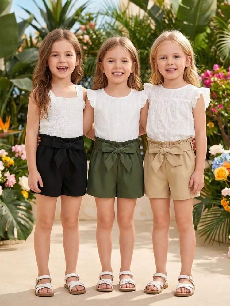 Conjunto de 3 piezas de shorts casuales de unicolor para niñas en verano (caqui/negro/verde militar), con cinturón de lazo, adecuado para niñas de 3 a 7 años para uso diario casual, fiestas, escuela y actividades al aire libre - Multicolor - Añade 3