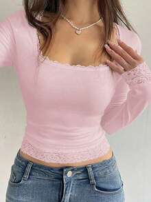 Camiseta elegante de manga larga con cuello cuadrado, unicolor y encaje contrastante para mujer, ideal para atuendos primaverales - Rosa - Ver 6