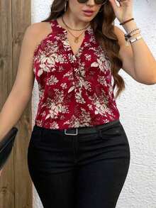 Blusa de hombros descubiertos elegante con estampado floral all-over para tallas grandes en verano - Rojo 2 - Ver 7