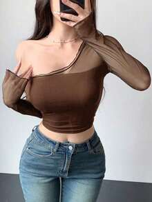 Designer Parte superior casual de malla con empalme de unicolor para mujer, con cuello asimétrico y ajuste delgado para salir, blusas transparentes de manga larga para mujer - Marrón - Ver 6