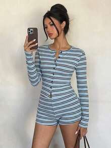 Conjunto de top de manga larga y pantalones cortos a rayas en marrón y azul, para primavera/otoño - Azul - Ver 7