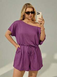 Mono de talla grande para mujer, ropa de verano, shorts, hombros descubiertos y graciosos, conjunto de verano para mujer, atuendo de rave de festival, conjunto de verano para vacaciones de mujer, mono casual de mujer - Rojo violeta - Ver 2