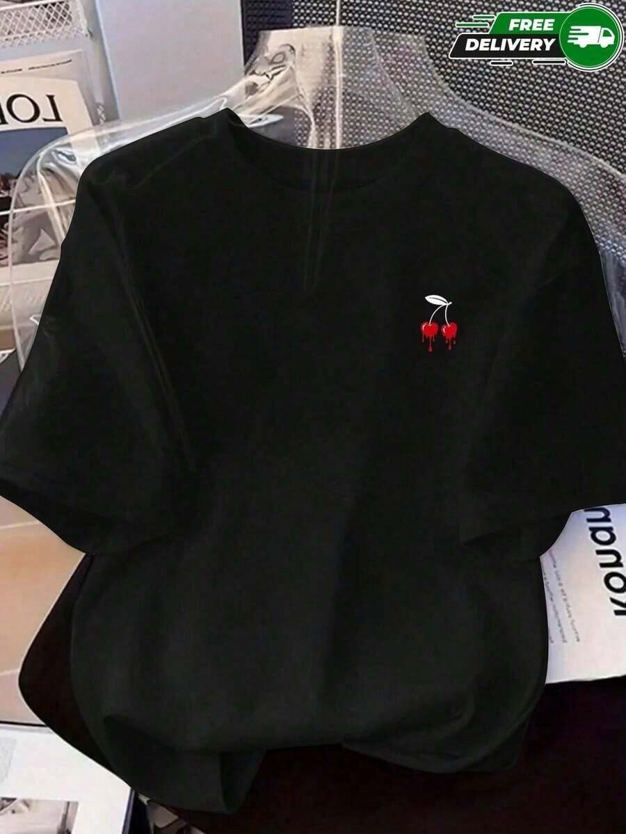Camiseta de manga corta para mujer, adecuada para uso diario, salidas casuales, vacaciones y fines de semana, con estampado de cerezas pequeñas con efecto de goteo, cuello redondo, sin bolsillos laterales, sin cremalleras, sin botones, fabricada en poliéster, estilo casual y minimalista, ideal para primavera y verano.Envío nacional - Negro - Ver 1
