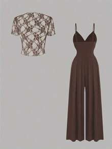 Conjunto de 2 piezas de mujer con tirantes finos y ajustado, moda de verano - Café integral - Ver 2