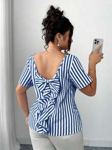 Blusa de verano de moda informal de vacaciones con espalda descubierta, lazo, volantes y rayas, blusa a rayas, blusa con lazo en la espalda, blusas a rayas, blusas con lazo, blusas para mujer de verano - Azul y blanco - Ver 6