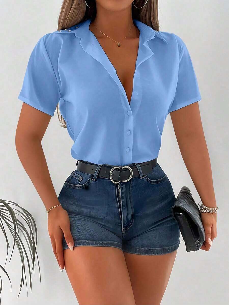 Camisa casual de oficina de unicolor de manga corta y abotonadura sencilla para mujer - Azul - Ver 1