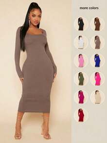 Vestido ajustado unicolor de cuello scoop - Marrón Mocha - Ver 1