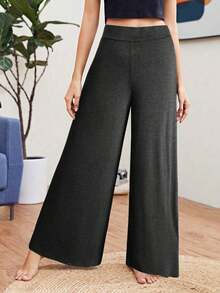 Pantalones casuales de mujer de cintura alta, sueltos, de unicolor y de pierna ancha - Gris Oscuro - Ver 1