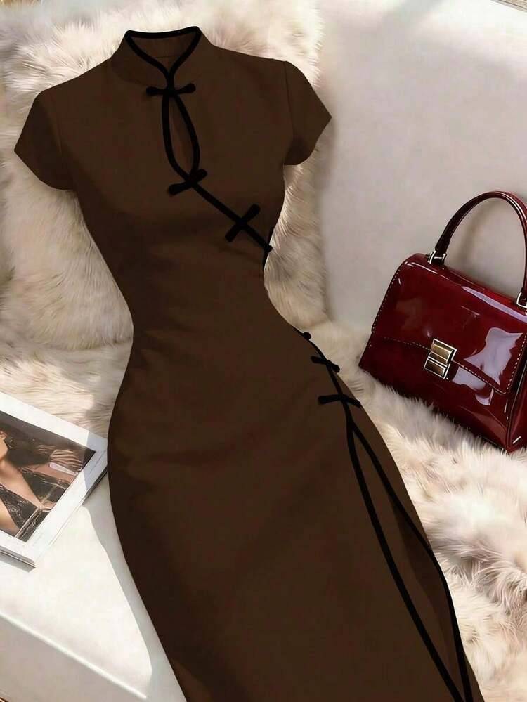 YHHFranclia Vestido abotonado de mujer de estilo chino para el Año Nuevo, vestido elegante de estilo chino nuevo, vestido largo con ribete de contrasteYHH - Multicolor 3 - Añade 12