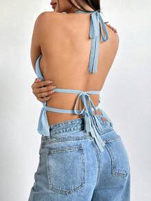 Top sin espalda de tirantes con pliegues y cordón en color negro, informal de verano para salir - Azul - Ver 2