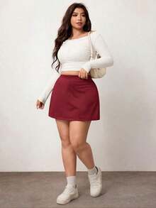 Falda corta casual de línea A de unicolor negro básico para mujer de talla grande, amigable con las curvas del Body redondeado, para el invierno, para la figura de Body redondeado tipo manzana - Burdeos - Ver 4