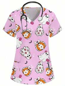 Blusa de mujer con cuello en V blanco, manga corta, con doble bolsillo, con estampado de dibujos animados lindos, estampado de animales de granja, uniforme de enfermera/médico, ropa de trabajo de unicolor para peluquería de mascotas, bata de labo - Rosa - Ver 6