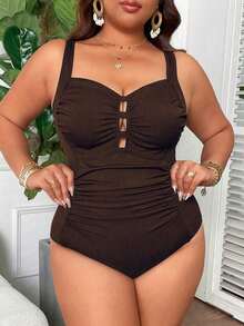 Traje de baño de una pieza con cuello cuadrado, fruncido y control de abdomen, de unicolor acanalado, de talla grande, minimalista para uso diario - Café integral - Ver 3