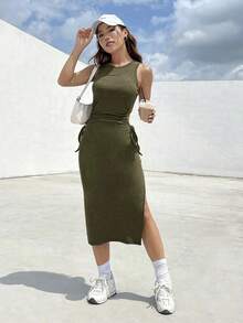 Vestido negro de verano con abertura lateral con cordón y recorte en el muslo - Verde militar - Ver 4