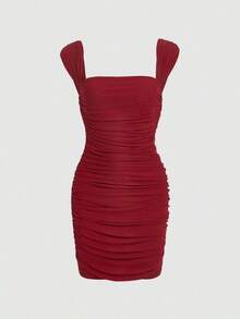 Vestido ajustado de cuello cuadrado fruncido - Burdeos - Ver 1
