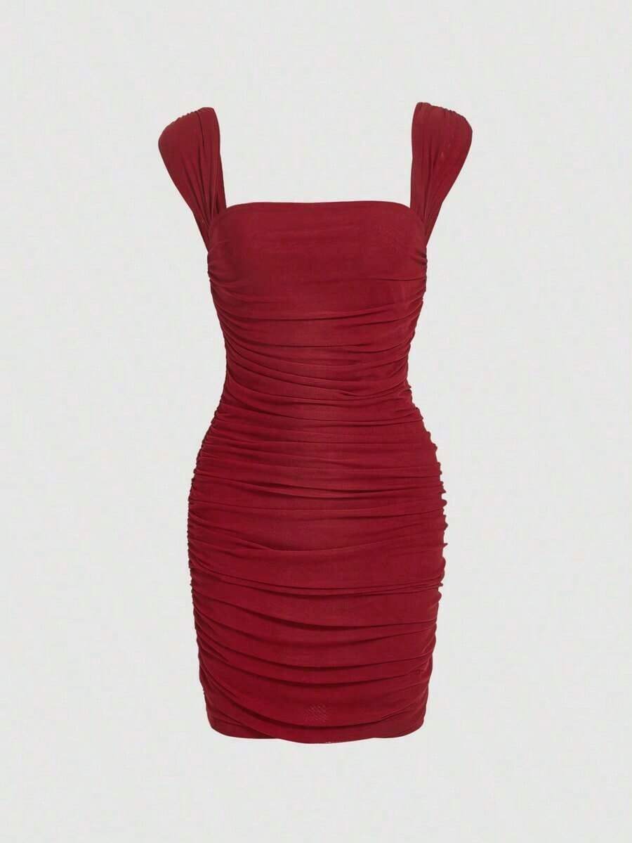 Vestido ajustado de cuello cuadrado fruncido - Burdeos - Ver 1