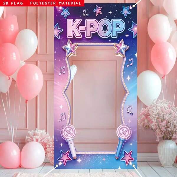 Conjunto de 1 peça, fundo fotográfico plano 2D com tema K-Pop, tecido de poliéster com estampa de microfone e estrela, ideal para decoração de festas, palcos, eventos, aniversários, mesas de bolo, cabines de fotos, decoração de casa (interna e externa), artigos para festas e presentes.