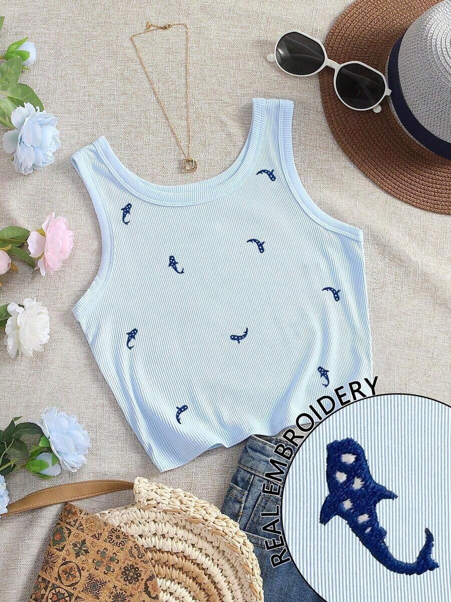 Top de tirantes con bordado de ballena para mujer, chaleco bordado con ribete de concha a la moda - Celeste 2 - Ver 1