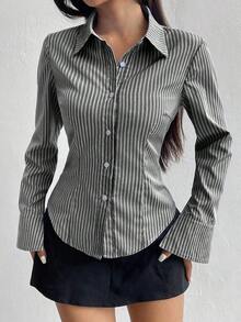 Camisa de manga larga casual a rayas que ciñe la cintura, apta para primavera/verano/otoño, tops de manga larga - Multicolor 2 - Ver 7