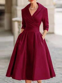 de manga larga con escote en V, estilo elegante y de moda europeo y americano, minimalista para uso diario y vacaciones, vestido formal y sexy con cintura ceñida al estilo coreano, para otoño/invierno y primavera - Burdeos - Ver 1