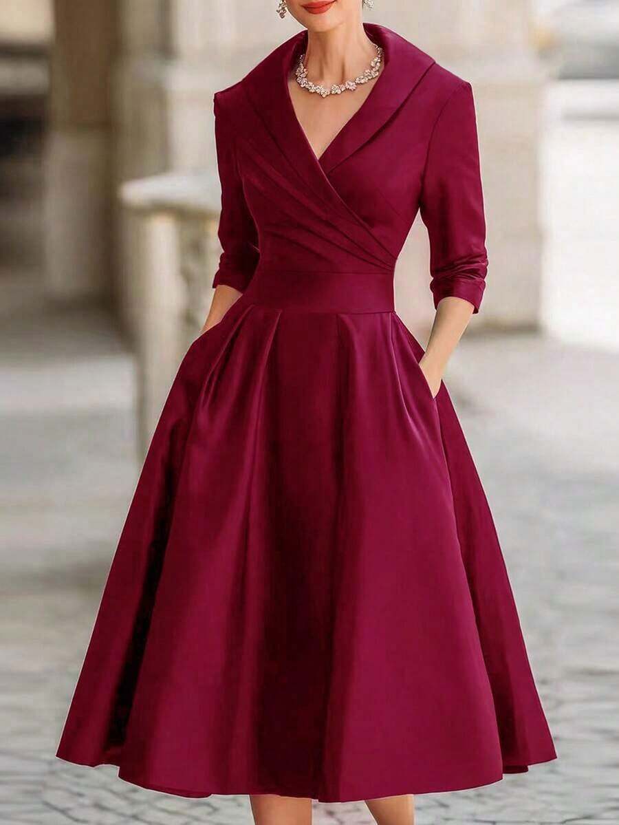 de manga larga con escote en V, estilo elegante y de moda europeo y americano, minimalista para uso diario y vacaciones, vestido formal y sexy con cintura ceñida al estilo coreano, para otoño/invierno y primavera - Burdeos - Ver 1