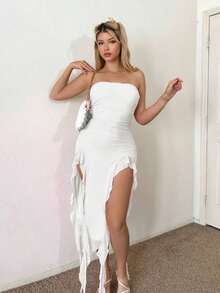 Vestido tubo fruncido bajo asimétrico - Blanco - Ver 6