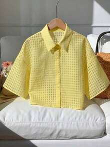 Blusa corta tejida amarilla para mujeres - Amarillo 2 - Ver 3