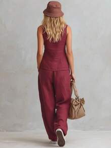 Conjunto de pantalón y top sin mangas con cremallera y cuello alto de un solo color - rojo ladrillo - Ver 3